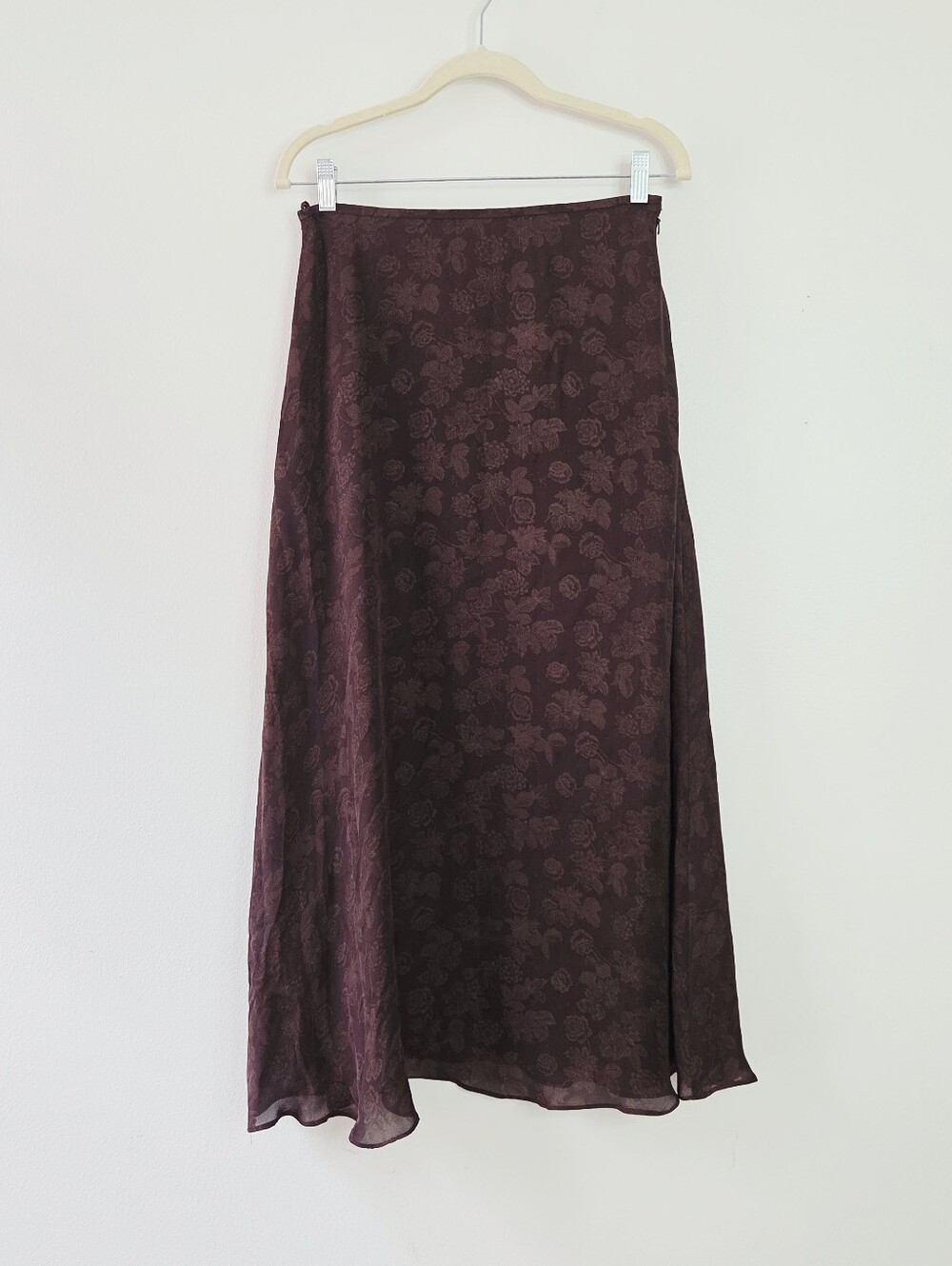 Lauren Ralph Lauren Chocolate Brown Fall Leaves Silk Printed Midi Bias Cut Skirt